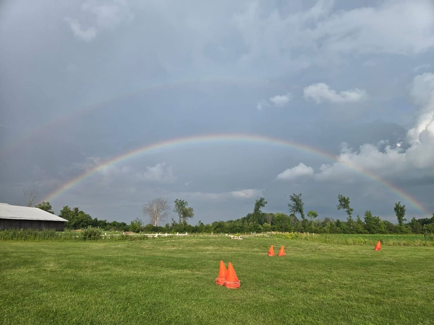 Arc-en-ciel au-dessus d'un champ après la pluie